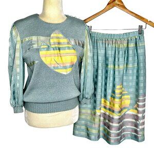 Vintage 70s Leslie Fay Sweater Skirt Set Pastel Blue Yellow Striped Knit Small